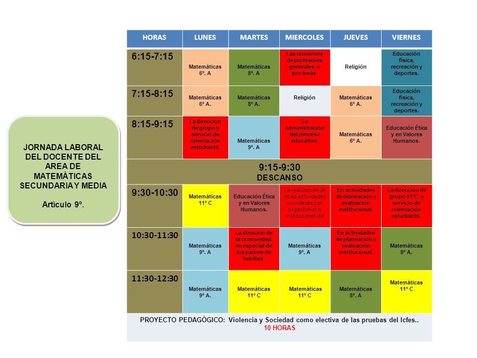 HORAS LUNES. MARTES. MIERCOLES. JUEVES. VIERNES. 6:15-7:15. Matemáticas. 6º. A. 8º. A. Las reuniones de profesores generales o por áreas.