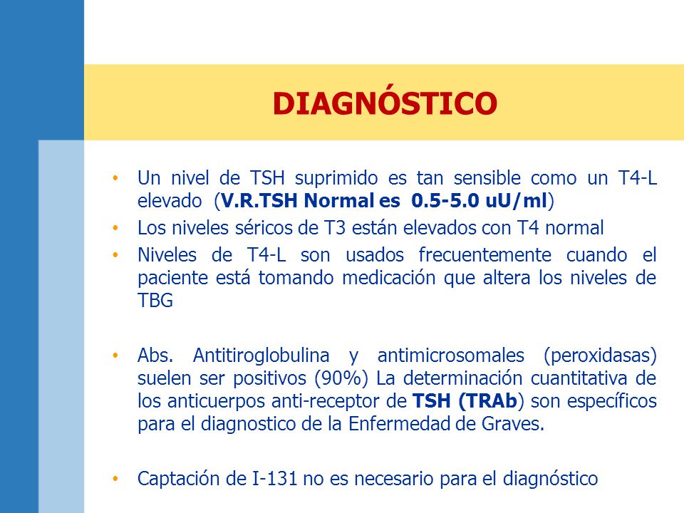 DIAGNÓSTICO Un nivel de TSH suprimido es tan sensible como un T4-L elevado (V.R.TSH Normal es uU/ml)