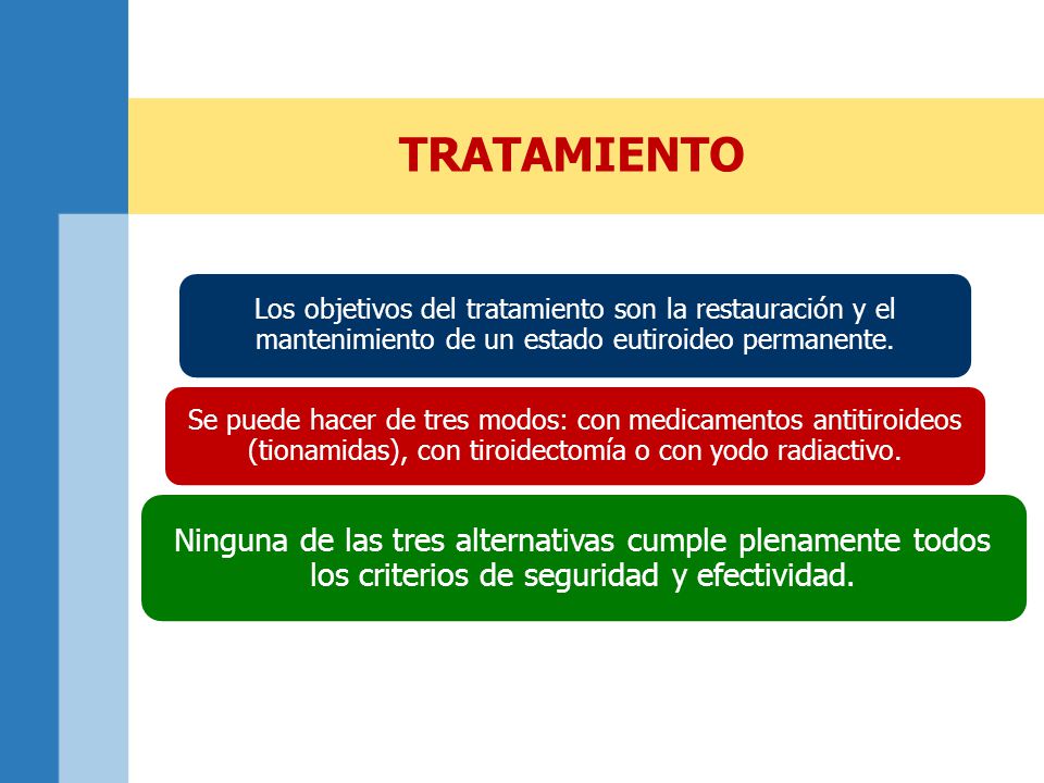 TRATAMIENTO Los objetivos del tratamiento son la restauración y el mantenimiento de un estado eutiroideo permanente.