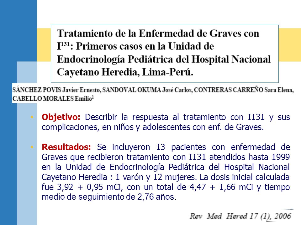 Objetivo: Describir la respuesta al tratamiento con I131 y sus complicaciones, en niños y adolescentes con enf. de Graves.