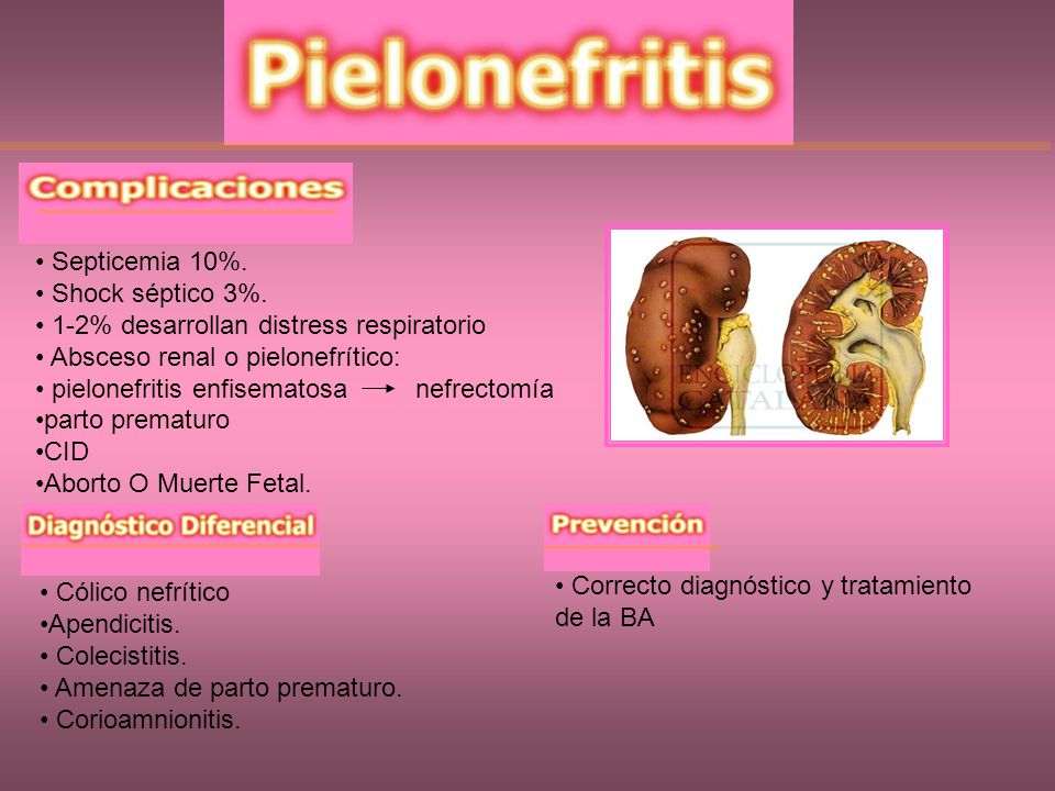 • Septicemia 10%. • Shock séptico 3%. • 1-2% desarrollan distress respiratorio. • Absceso renal o pielonefrítico: