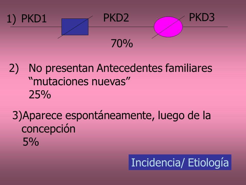 1) PKD1. PKD2. PKD3. 70% 2) No presentan Antecedentes familiares. mutaciones nuevas 25% Aparece espontáneamente, luego de la concepción.