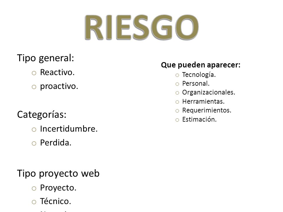 RIESGO Tipo general: Categorías: Tipo proyecto web Reactivo.