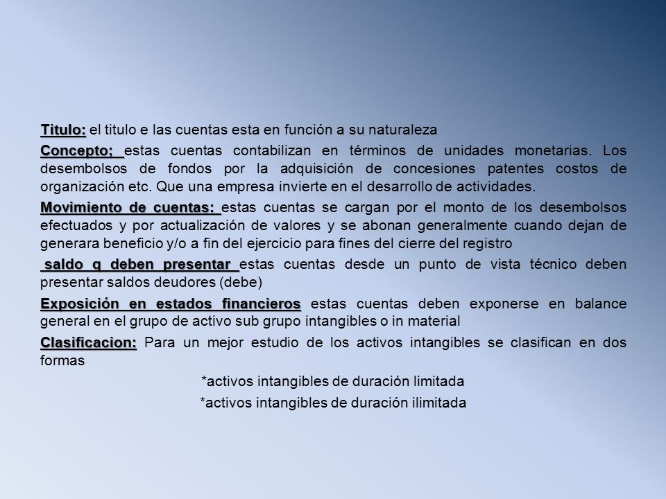 Titulo: el titulo e las cuentas esta en función a su naturaleza Concepto; estas cuentas contabilizan en términos de unidades monetarias.