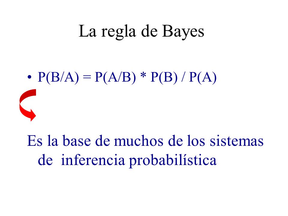 La regla de Bayes P(B/A) = P(A/B) * P(B) / P(A) Es la base de muchos de los sistemas de inferencia probabilística.