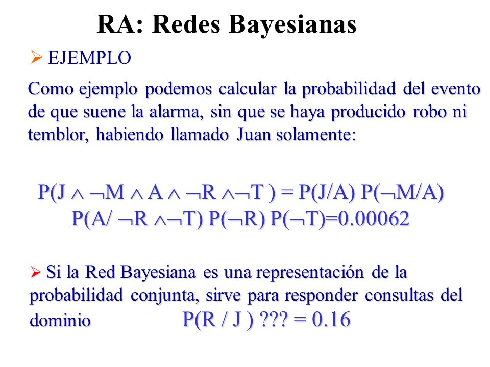 RA: Redes Bayesianas P(J  M  A  R T ) = P(J/A) P(M/A)
