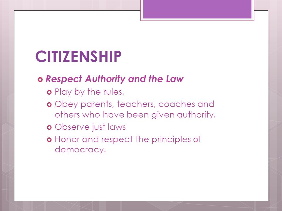 CITIZENSHIP Respect Authority and the Law Play by the rules.