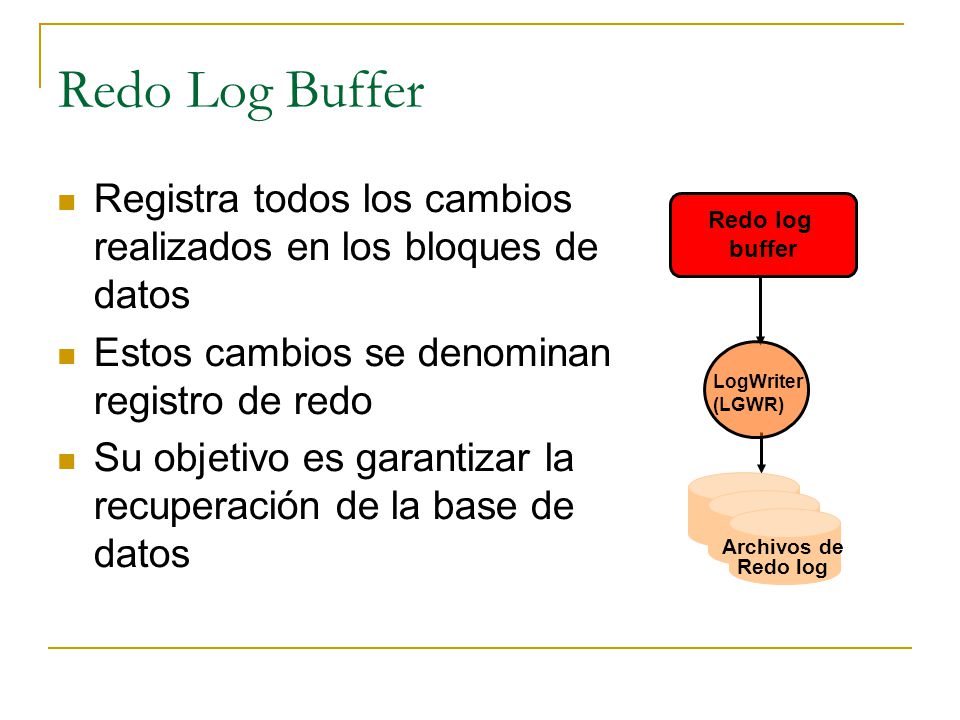 Redo Log Buffer Registra todos los cambios realizados en los bloques de datos. Estos cambios se denominan registro de redo.