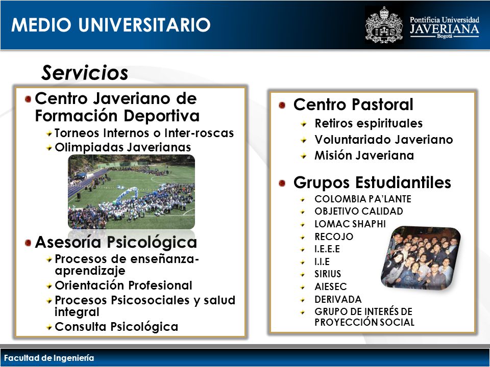 Servicios MEDIO UNIVERSITARIO Centro Javeriano de Formación Deportiva