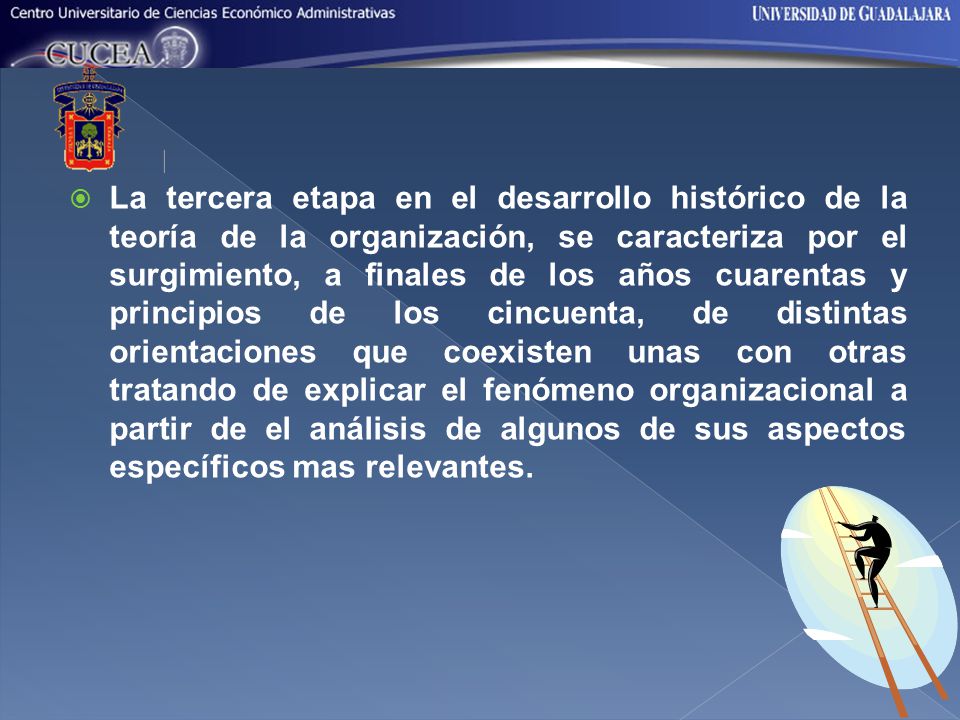 La tercera etapa en el desarrollo histórico de la teoría de la organización, se caracteriza por el surgimiento, a finales de los años cuarentas y principios de los cincuenta, de distintas orientaciones que coexisten unas con otras tratando de explicar el fenómeno organizacional a partir de el análisis de algunos de sus aspectos específicos mas relevantes.