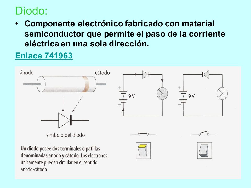 Diodo: Componente electrónico fabricado con material semiconductor que permite el paso de la corriente eléctrica en una sola dirección.