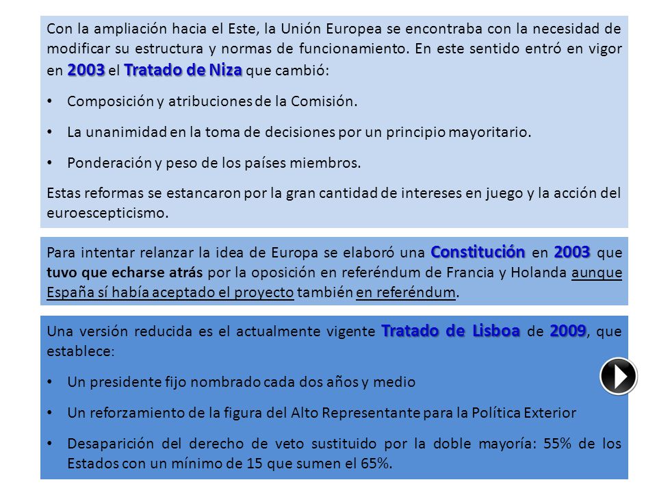 Con la ampliación hacia el Este, la Unión Europea se encontraba con la necesidad de modificar su estructura y normas de funcionamiento. En este sentido entró en vigor en 2003 el Tratado de Niza que cambió: