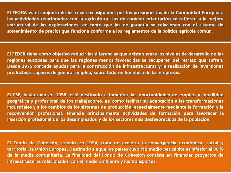 El FEOGA es el conjunto de los recursos asignados por los presupuestos de la Comunidad Europea a las actividades relacionadas con la agricultura. Las de carácter orientación se refieren a la mejora estructural de las explotaciones, en tanto que las de garantía se relacionan con el sistema de sostenimiento de precios que funciona conforme a los reglamentos de la política agrícola común.