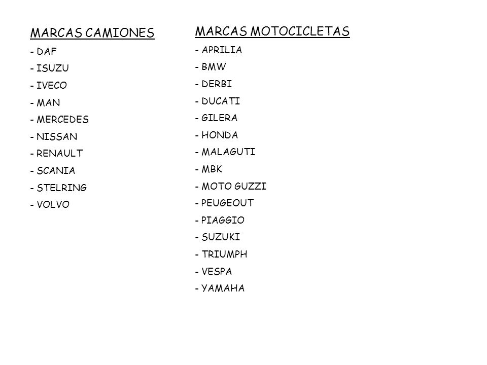 MARCAS CAMIONES MARCAS MOTOCICLETAS DAF APRILIA ISUZU BMW IVECO DERBI