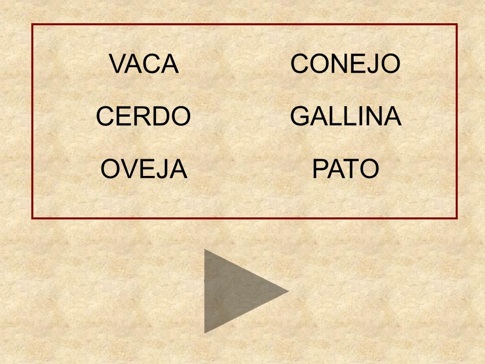 VACA CONEJO CERDO GALLINA OVEJA PATO CULEBRA JABALÍ PATO ZORRO