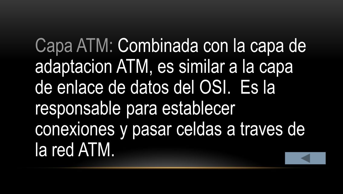 Capa ATM: Combinada con la capa de adaptacion ATM, es similar a la capa de enlace de datos del OSI.
