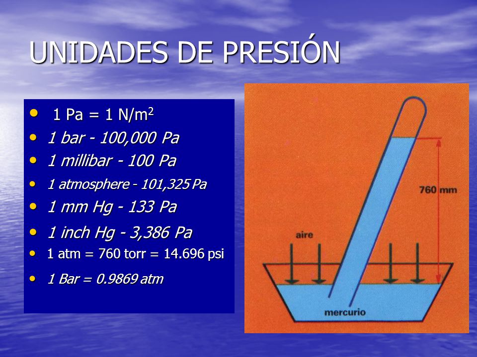 UNIDADES DE PRESIÓN 1 Pa = 1 N/m2 1 bar - 100,000 Pa