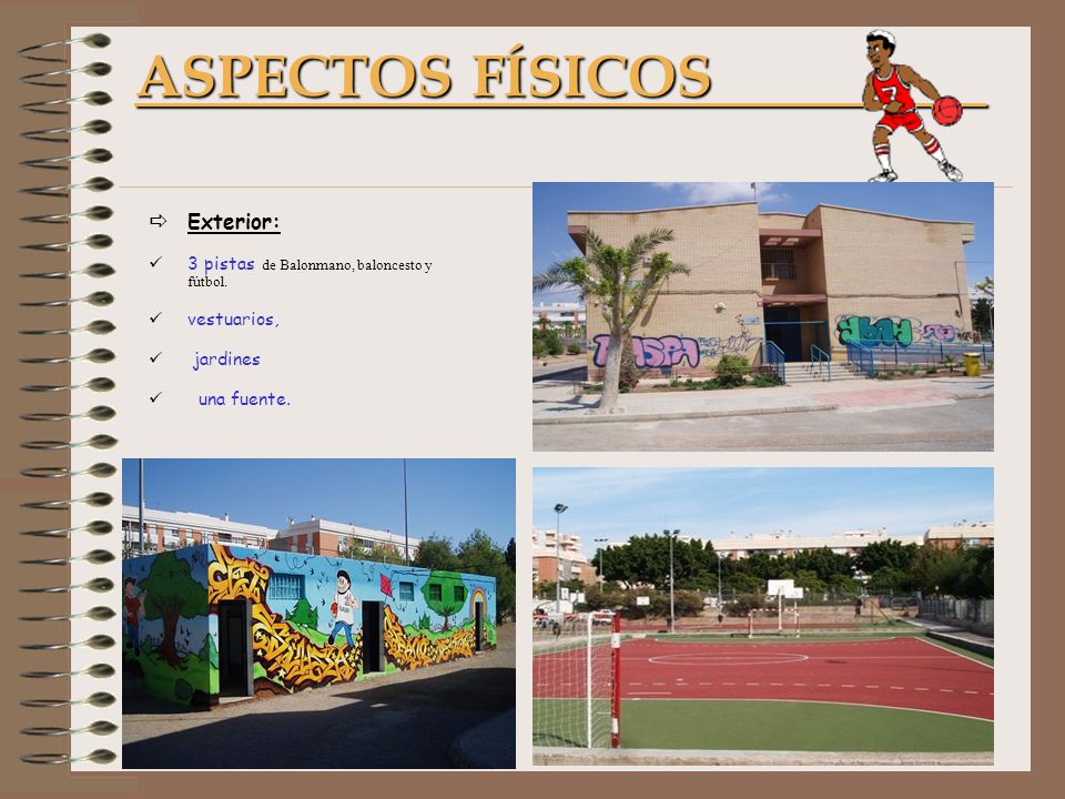 ASPECTOS FÍSICOS Exterior: 3 pistas de Balonmano, baloncesto y fútbol.