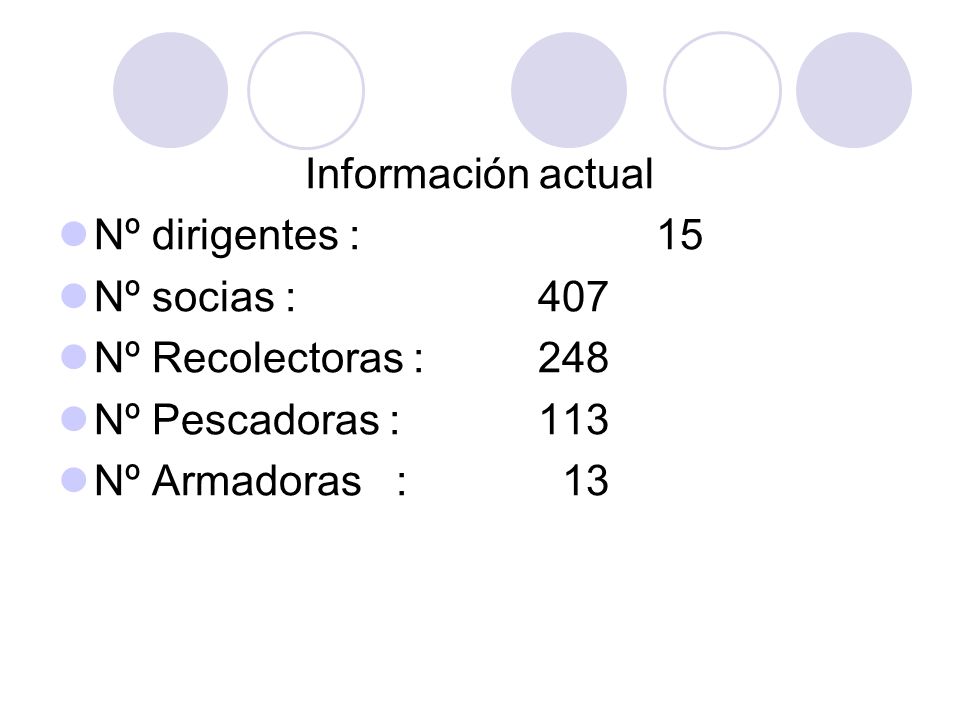 Información actual Nº dirigentes : 15. Nº socias : 407. Nº Recolectoras : 248. Nº Pescadoras : 113.