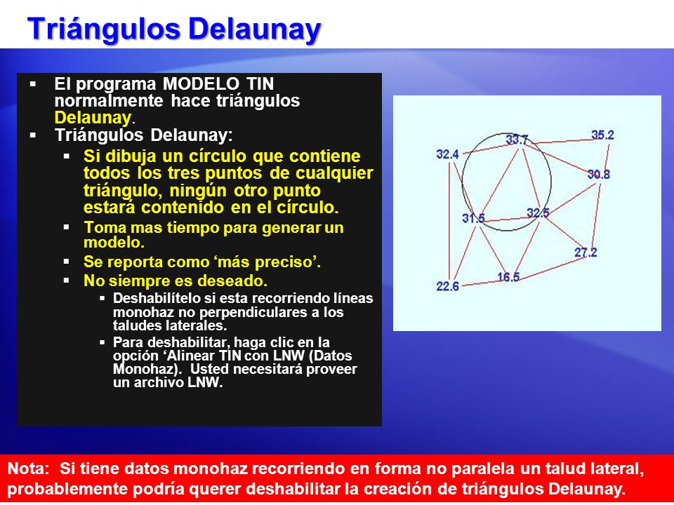 Triángulos Delaunay El programa MODELO TIN normalmente hace triángulos Delaunay. Triángulos Delaunay:
