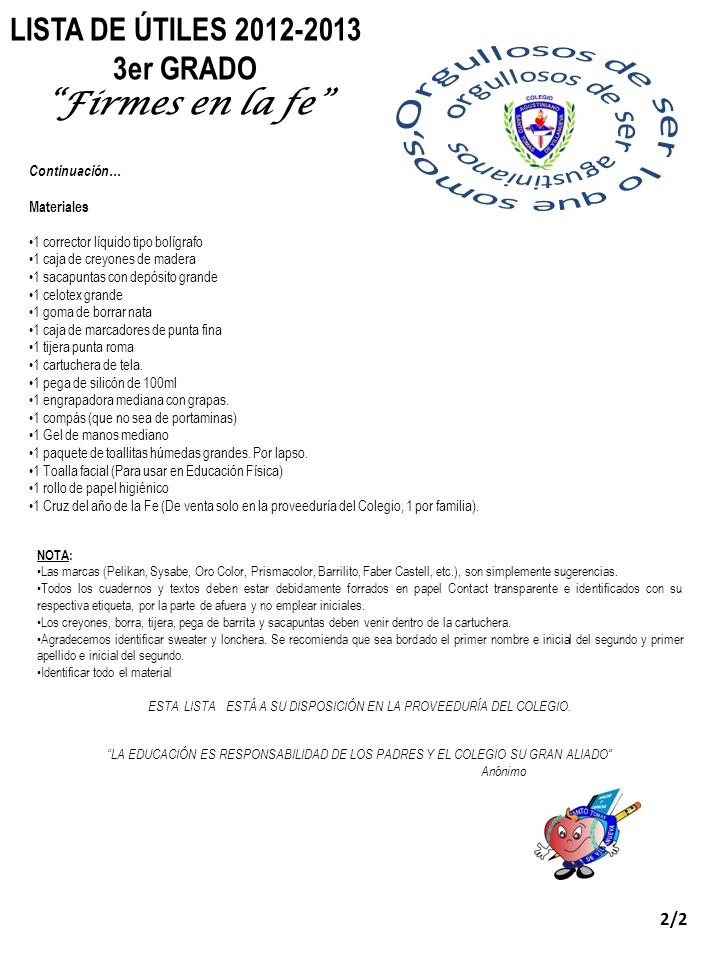 LISTA DE ÚTILES er GRADO Firmes en la fe 2/2