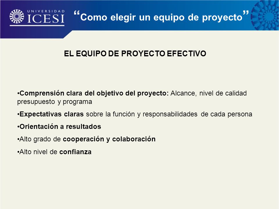 Como elegir un equipo de proyecto EL EQUIPO DE PROYECTO EFECTIVO