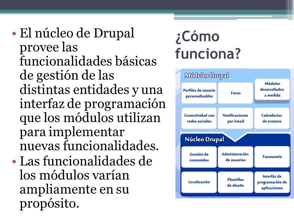 El núcleo de Drupal provee las funcionalidades básicas de gestión de las distintas entidades y una interfaz de programación que los módulos utilizan para implementar nuevas funcionalidades.