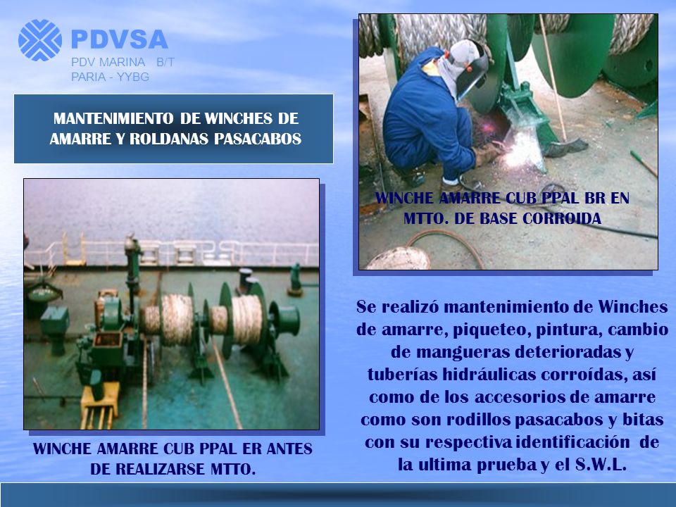 PDVSA PDV MARINA B/T PARIA - YYBG. MANTENIMIENTO DE WINCHES DE AMARRE Y ROLDANAS PASACABOS. WINCHE AMARRE CUB PPAL BR EN MTTO. DE BASE CORROIDA.