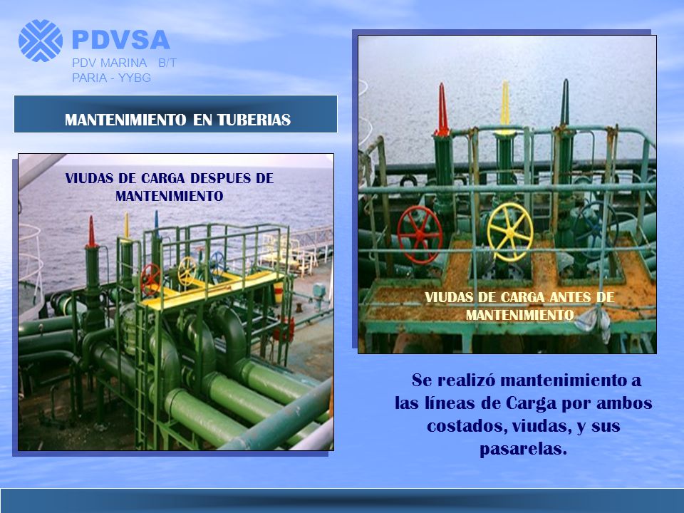 PDVSA PDV MARINA B/T PARIA - YYBG. MANTENIMIENTO EN TUBERIAS. VIUDAS DE CARGA DESPUES DE MANTENIMIENTO.