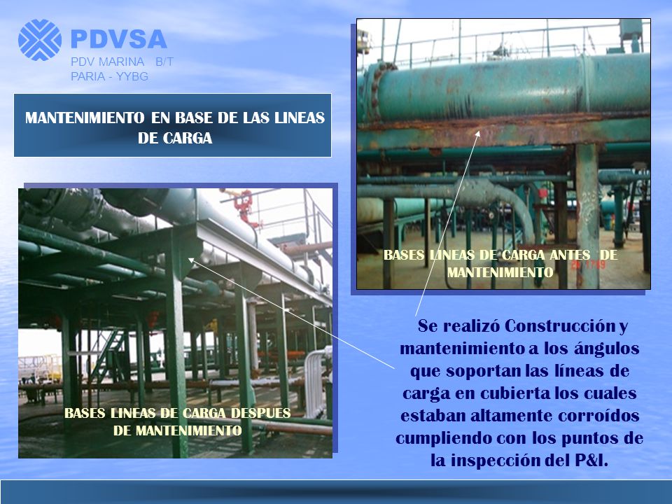 PDVSA PDV MARINA B/T PARIA - YYBG. MANTENIMIENTO EN BASE DE LAS LINEAS DE CARGA. BASES LINEAS DE CARGA ANTES DE MANTENIMIENTO.