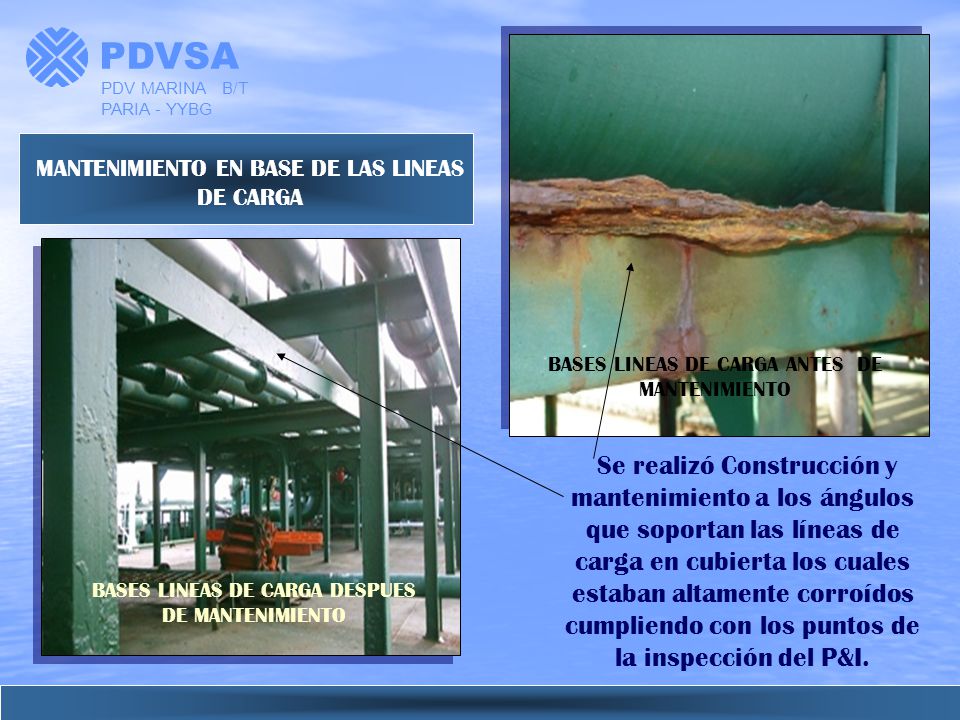 PDVSA PDV MARINA B/T PARIA - YYBG. MANTENIMIENTO EN BASE DE LAS LINEAS DE CARGA. BASES LINEAS DE CARGA ANTES DE MANTENIMIENTO.