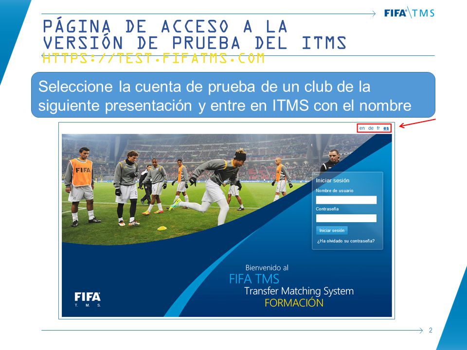 Página de acceso a la versión de prueba del ITMS   fifatms