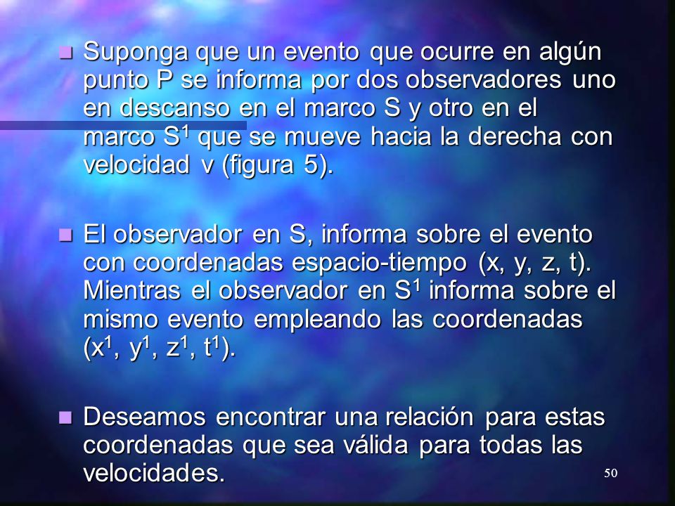 Suponga que un evento que ocurre en algún punto P se informa por dos observadores uno en descanso en el marco S y otro en el marco S1 que se mueve hacia la derecha con velocidad v (figura 5).