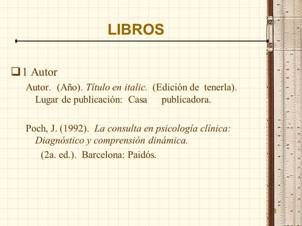 LIBROS 1 Autor. Autor. (Año). Título en italic. (Edición de tenerla). Lugar de publicación: Casa publicadora.