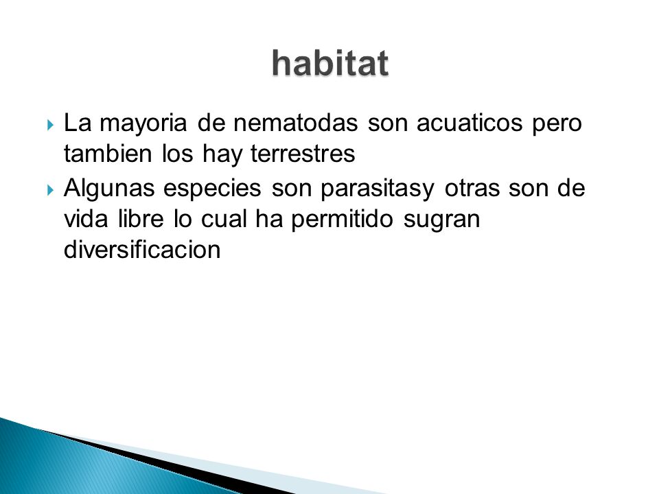 habitat La mayoria de nematodas son acuaticos pero tambien los hay terrestres.