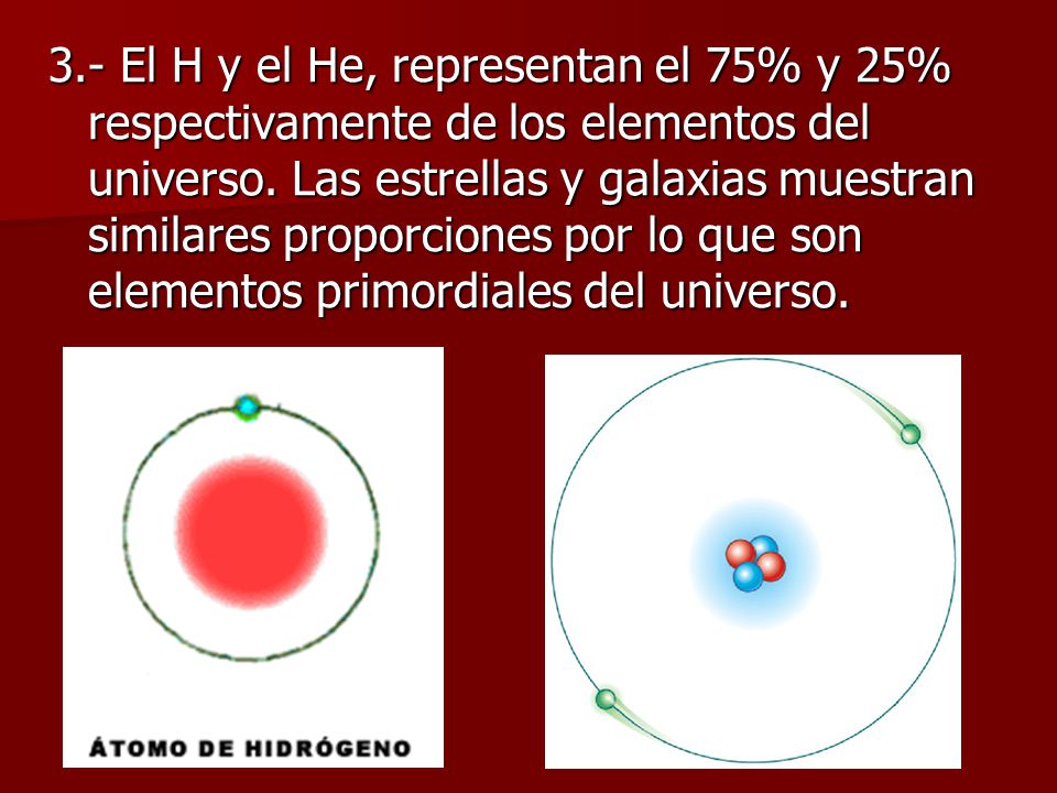 3.- El H y el He, representan el 75% y 25% respectivamente de los elementos del universo.