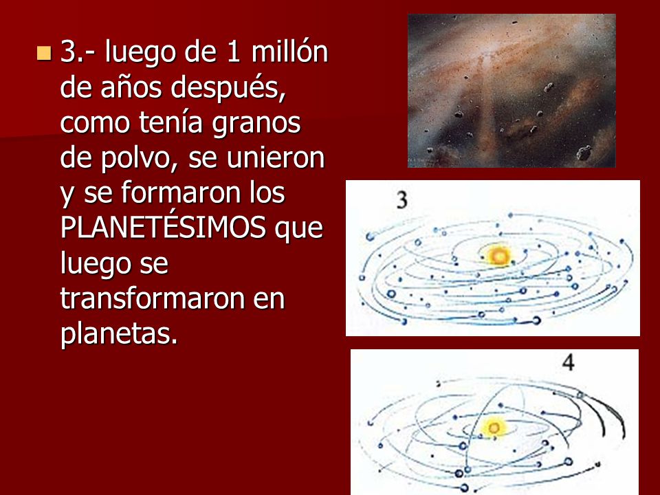 3.- luego de 1 millón de años después, como tenía granos de polvo, se unieron y se formaron los PLANETÉSIMOS que luego se transformaron en planetas.