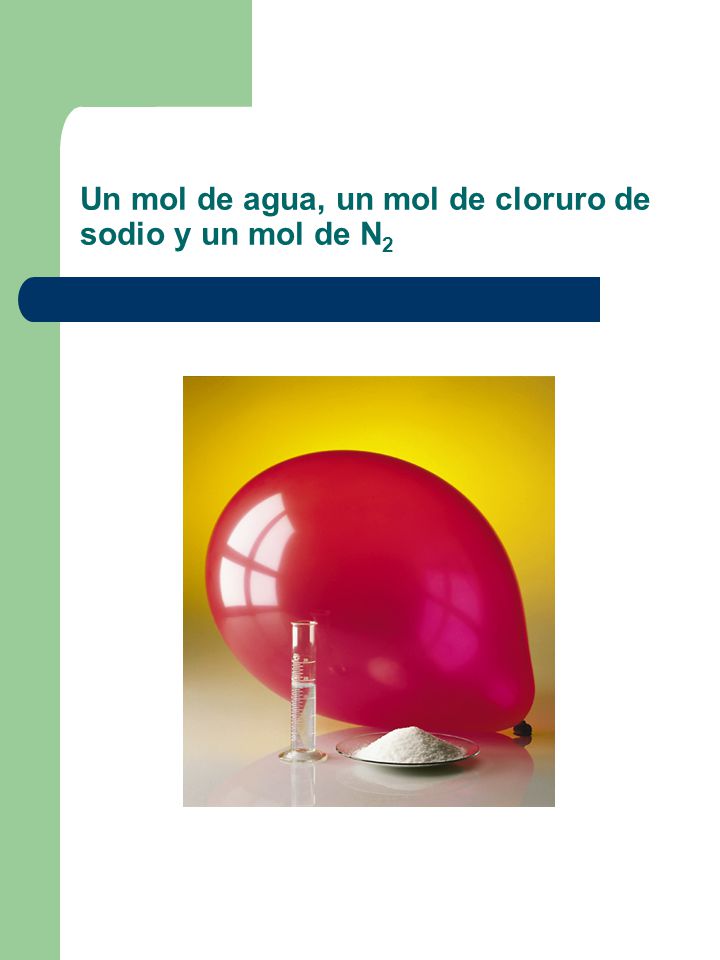 Un mol de agua, un mol de cloruro de sodio y un mol de N2
