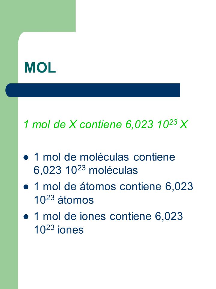 MOL 1 mol de X contiene 6, X. 1 mol de moléculas contiene 6, moléculas. 1 mol de átomos contiene 6, átomos.