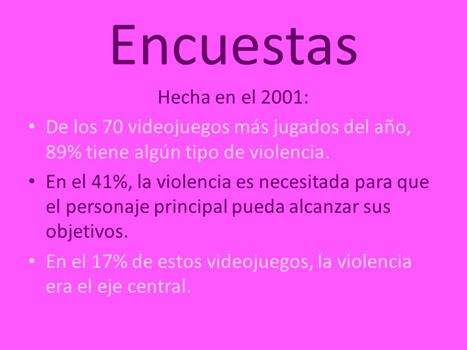 Encuestas Hecha en el 2001: De los 70 videojuegos más jugados del año, 89% tiene algún tipo de violencia.