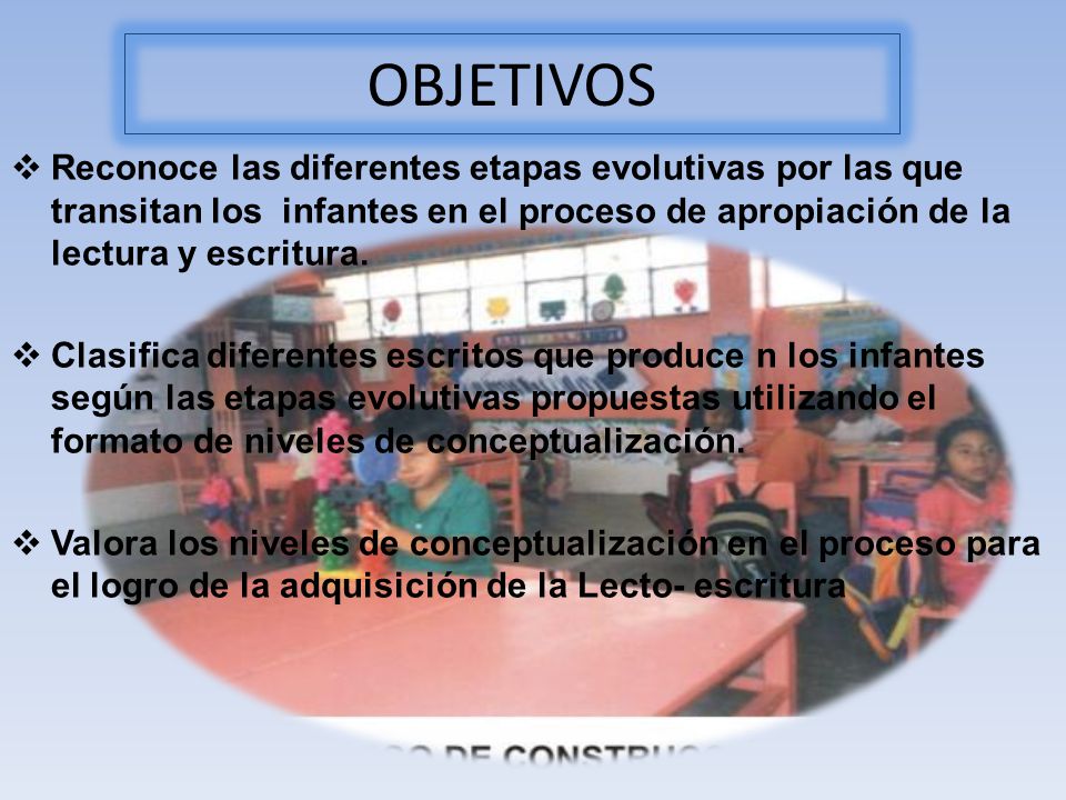 OBJETIVOS Reconoce las diferentes etapas evolutivas por las que transitan los infantes en el proceso de apropiación de la lectura y escritura.