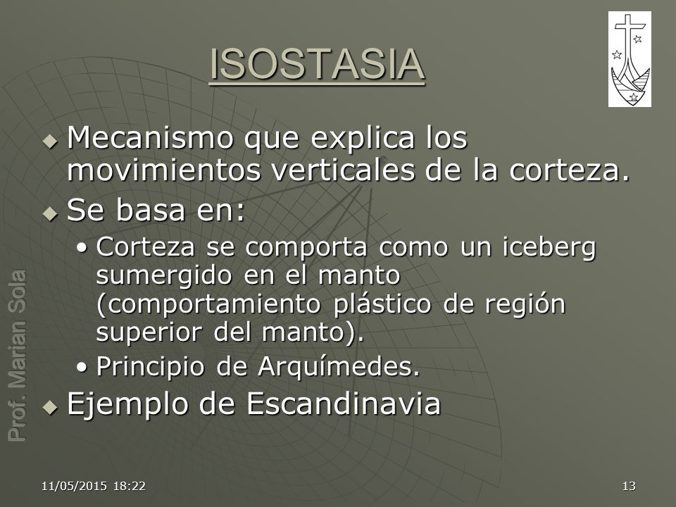 ISOSTASIA Mecanismo que explica los movimientos verticales de la corteza. Se basa en: