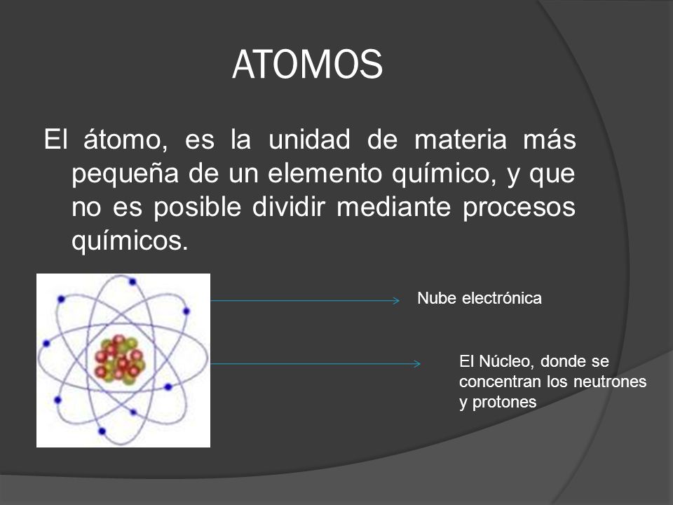 ATOMOS El átomo, es la unidad de materia más pequeña de un elemento químico, y que no es posible dividir mediante procesos químicos.