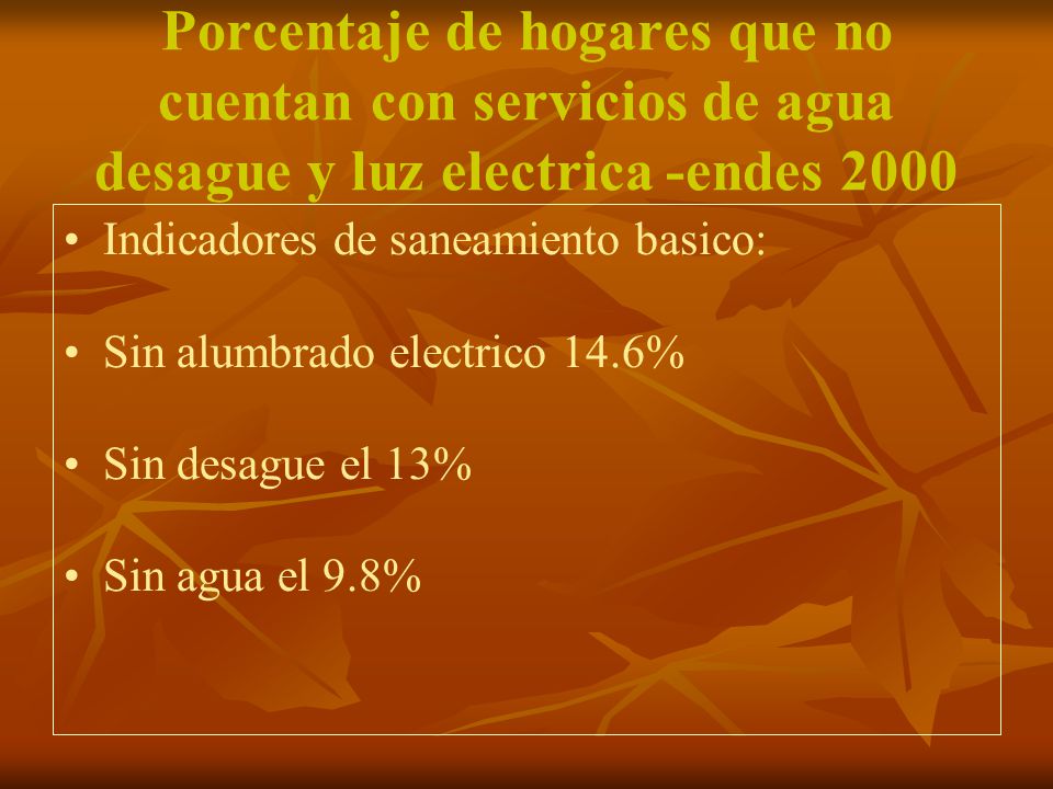 Porcentaje de hogares que no cuentan con servicios de agua desague y luz electrica -endes 2000