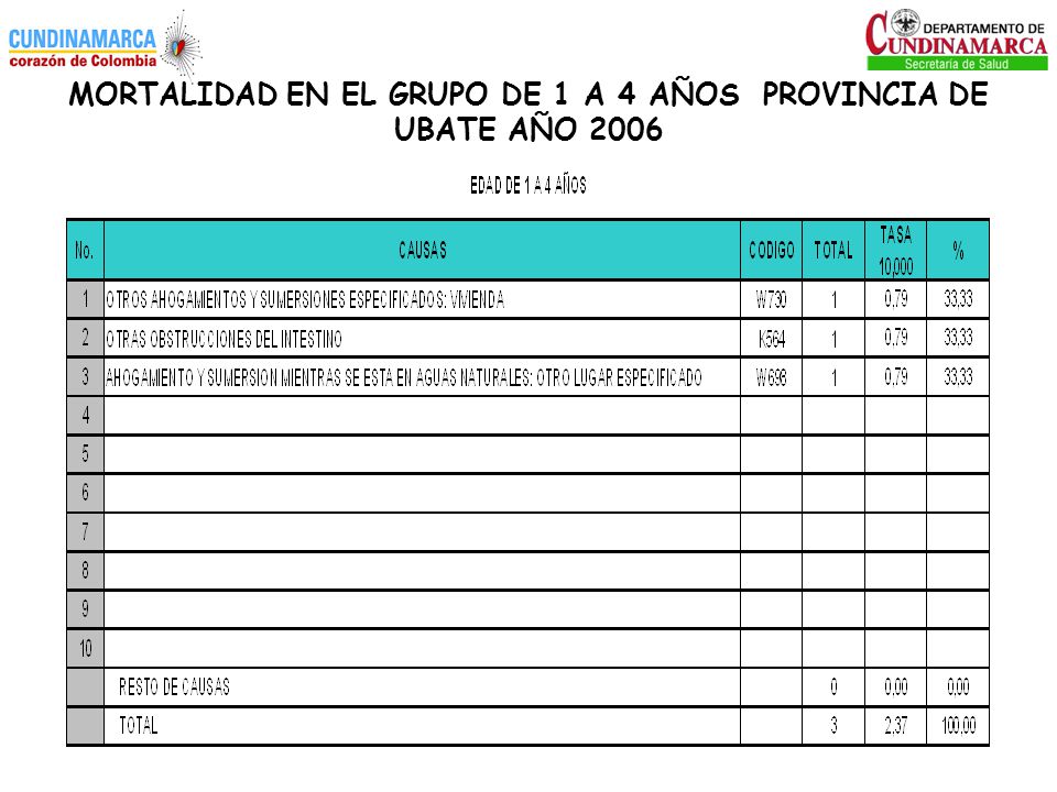 MORTALIDAD EN EL GRUPO DE 1 A 4 AÑOS PROVINCIA DE UBATE AÑO 2006