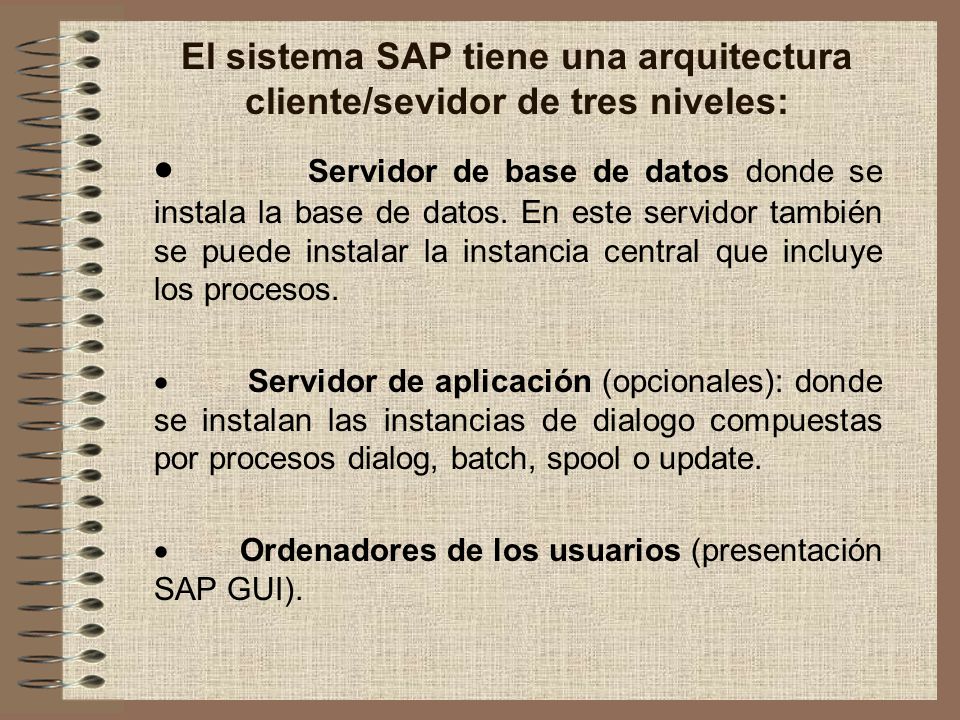 El sistema SAP tiene una arquitectura cliente/sevidor de tres niveles: