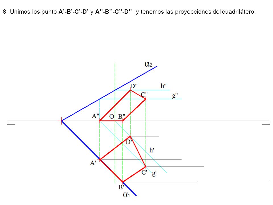 8- Unimos los punto A’-B’-C’-D’ y A’’-B’’-C’’-D’’ y tenemos las proyecciones del cuadrilátero.