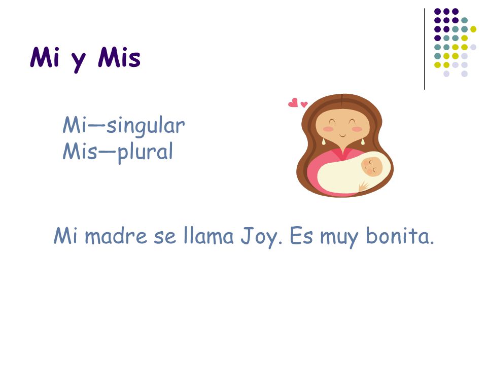 Mi y Mis Mi—singular Mis—plural Mi madre se llama Joy. Es muy bonita.