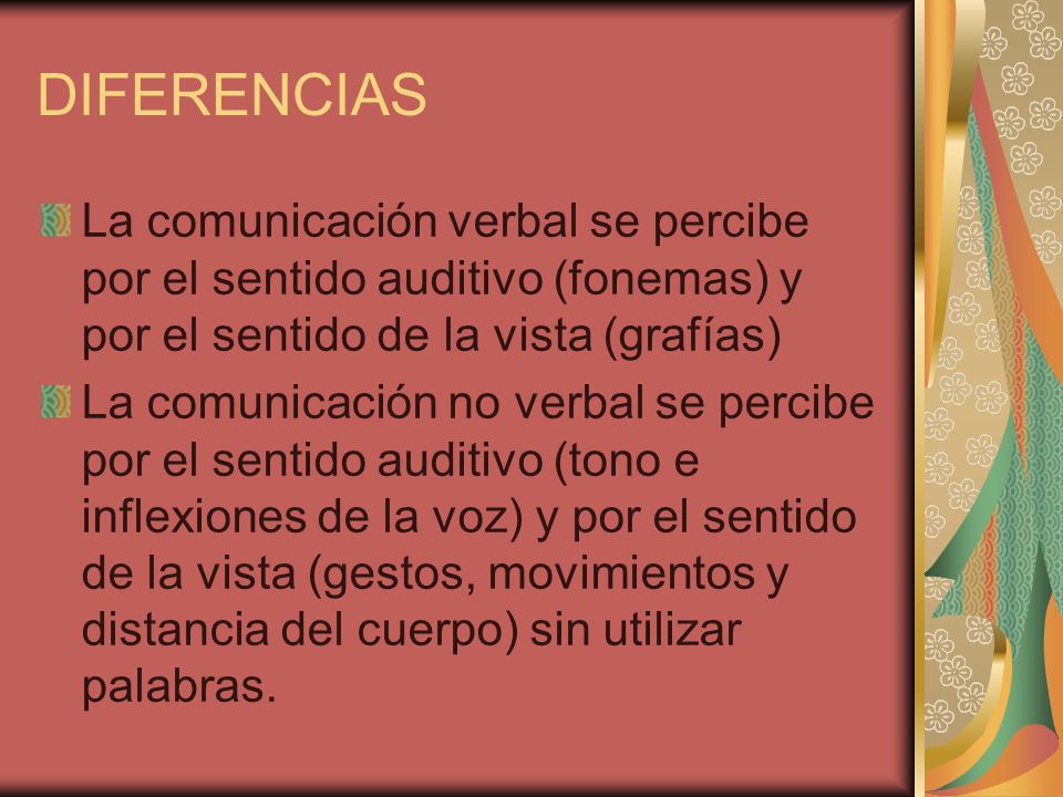 DIFERENCIAS La comunicación verbal se percibe por el sentido auditivo (fonemas) y por el sentido de la vista (grafías)
