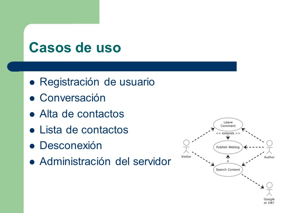 Casos de uso Registración de usuario Conversación Alta de contactos